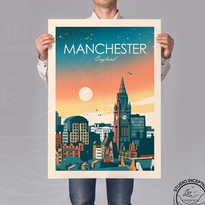 May include: A vintage-style poster featuring a cityscape of Manchester, England. The poster has a blue, orange, and yellow color scheme and features the iconic Manchester Town Hall building.