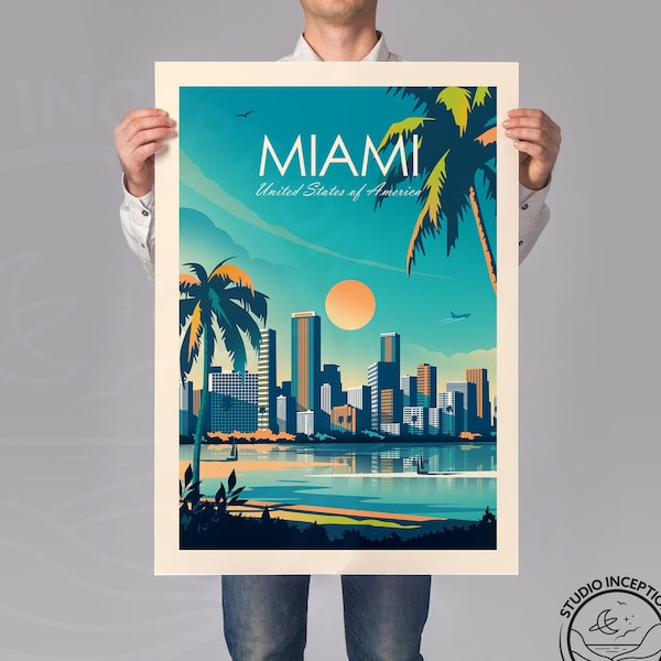 Miami traditional style travel print, Miami poster, United States Poster, Florida, Birthday Present, Wedding Gift