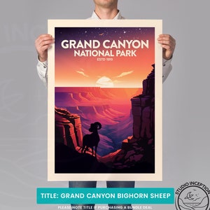 May include: A vintage-style poster featuring a sunset view of the Grand Canyon National Park, established in 1919. The poster depicts a silhouette of a bighorn sheep standing on a cliff overlooking the canyon. The text "GRAND CANYON NATIONAL PARK ESTD 1919" is at the top of the poster.