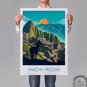 Peru Print Machu Picchu Featuring Llama | Peru Art Travel Poster | Cusco Print Poster South America Wall Art