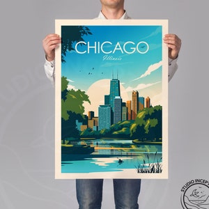 Chicago Illinois Travel Print featuring Chicago Skyline, Art Print, Travel Print, Travel Poster, Wall Art