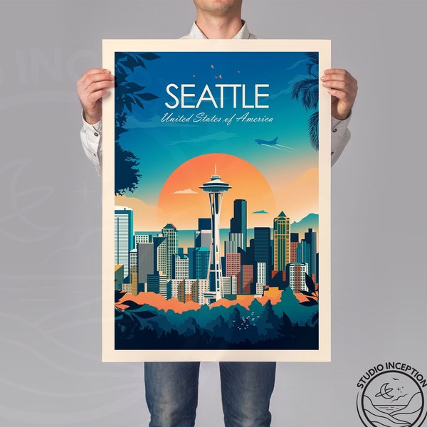 Seattle Washington Travel Print featuring Seattle Skyline, Art Print, Travel Print, Travel Poster, Wall Art