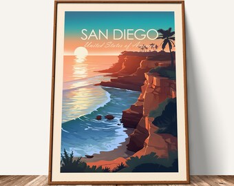 San Diego Travel Print Sunset Cliffs Travel Poster Wall Art Home Decor Travel Gift