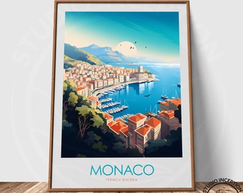 Monaco French Riviera Travel Print in minimal style, Wall Art, Poster, Home Decor, Travel Gift