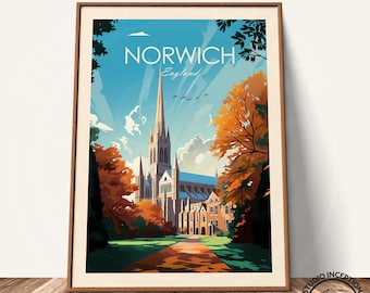 Norwich traditional Travel Print Norwich Travel Poster Norwich Print, Norwich Poster Norwich England Gift Wall Art Framed Prints