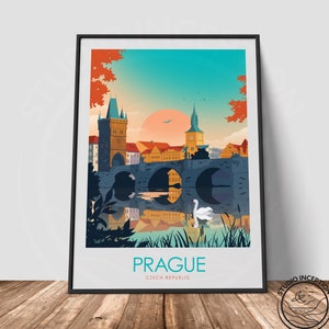 May include: A colorful illustration of Prague, Czech Republic, featuring a bridge with a swan in the water. The text "PRAGUE" and "CZECH REPUBLIC" is displayed below the image.