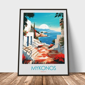 May include: A colorful illustration of a white building with a stone path leading to the ocean. The building has a blue door and red flowers. The text "MYKONOS GREECE" is at the bottom of the image.
