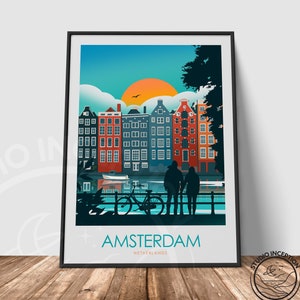 May include: A colorful illustration of Amsterdam, Netherlands, with a couple standing on a bridge overlooking a canal. The buildings are a mix of red, blue, and green, and the sky is a bright blue. The text "AMSTERDAM" and "NETHERLANDS" is at the bottom of the image.