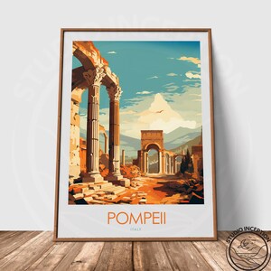 May include: A vintage travel poster featuring a colorful illustration of the ruins of Pompeii, Italy. The poster has a blue sky with white clouds and a red bird flying overhead. The text "POMPEII" and "ITALY" is printed in white at the bottom of the poster.