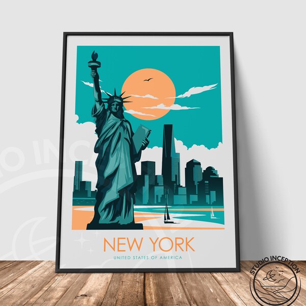 New York Travel Print - USA Skyline Statue of Liberty