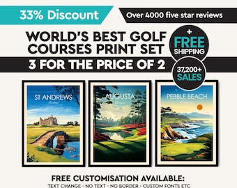 Golf Prints Set, Augusta, Pebble Beach, St Andrews, Golf Course Posters, 3 for 2 Set, Golfing Wall Art, Golf Travel Prints Golfing Gifts