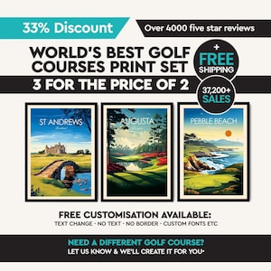 Juego de impresiones de golf, Augusta, Pebble Beach, St Andrews, carteles de campos de golf, juego 3 por 2, arte mural de golf, impresiones de viajes de golf, regalos de golf