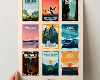 California National Parks Print, 9 Californian National Parks Stamp Poster, Yosemite Joshua Tree, Sequoia Wall Art, National Parks Gift