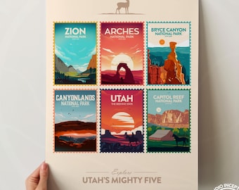 Utah National Parks Print, Mighty Five Poster, Zion Arches Bryce Canyon Wall Art, Utah Travel Poster, National Park Gift
