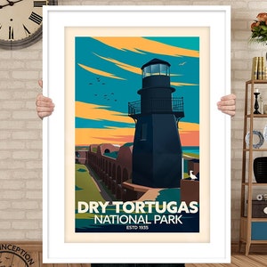 Poster di Dry Tortugas in stile tradizionale, Fort Jefferson, Parco Nazionale, Stampa artistica di Studio Inception, Stampa del faro