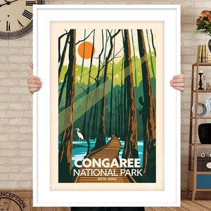 Póster de viaje del Parque Nacional Congaree, con garza y ardilla, impresión artística de Studio Inception