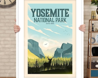 May include: A vintage-style poster with a blue, green, and yellow color scheme depicting a scenic view of Yosemite National Park, established in 1890. The poster features a silhouette of a deer in the foreground and the text "Yosemite National Park Est. 1890".