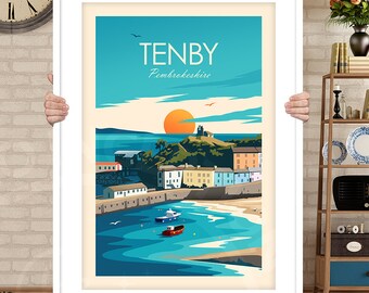 Tenby prints, Tenby Art, Wales Print Poster, Tenby Harbour Pembrokeshire Prints Travel Poster by Studio Inception