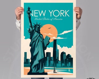 New York Travel Print featuring Statue of Liberty and New York Skyline, Art Print, Travel Print, Travel Poster, Wall Art