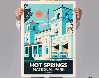 Hot Springs National Park Travel Poster featuring Bathhouse Row by Studio Inception |  National Park Print | National Park Poster