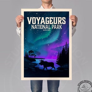 Art Print of Voyageurs National Park featuring aurora borealis, designed by Studio Inception, Wall Decor, Travel Poster, Travel Art