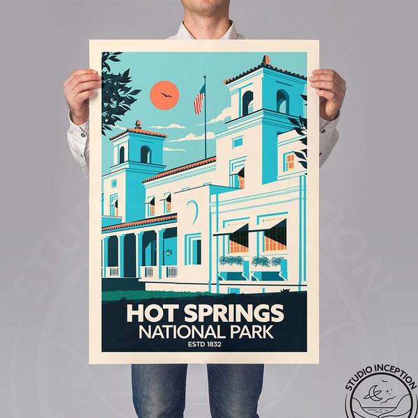 Hot Springs National Park Travel Poster featuring Bathhouse Row by Studio Inception |  National Park Print | National Park Poster
