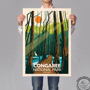 Congaree National Park Travel Poster Print, featuring Heron & Squirrel, Art Print by Studio Inception