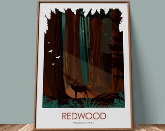 affiche de voyage du parc national de Redwood | Impression Redwood Park | Impression artistique | Conçu par Studio Inception | Impression de voyage | Cadeau randonnée | Séquoias