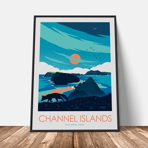 May include: A colourful illustration of a landscape with a red sun setting over a body of water. The landscape is made up of islands and a fox walking on the shore. The text "CHANNEL ISLANDS NATIONAL PARK" is at the bottom of the image.