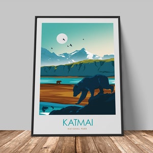 Katmai National Park Travel Poster | Alaskan National Park Print | Art Print | Brooks Falls | Travel Print | Bears | Wildlife | Nature