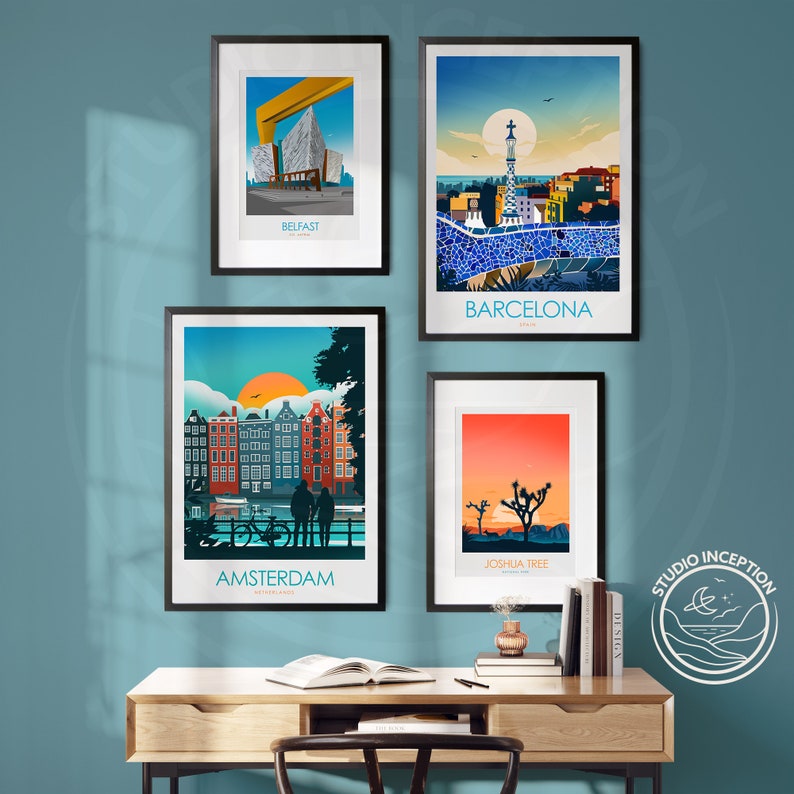 May include: Four framed city skyline illustrations with a blue background. The illustrations are of Belfast, Barcelona, Amsterdam, and Joshua Tree. The illustrations are in a minimalist style with bright colors and simple lines.