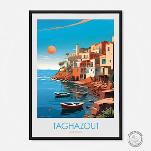 Stampa Taghazout Marocco Arte di viaggio Taghazout Arte murale Regalo di viaggio personalizzato Regalo personalizzato Arazzo da parete Taghazout Villaggio di pescatori in Africa