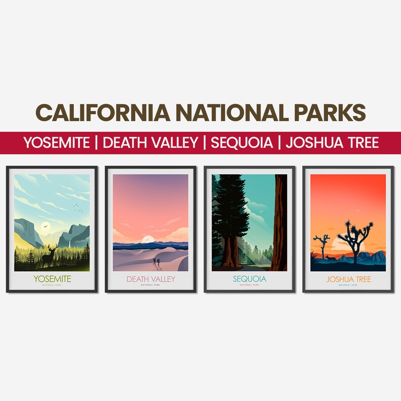 May include: A set of four illustrated posters featuring iconic landscapes from California National Parks. The posters are framed in black and feature the names "Yosemite", "Death Valley", "Sequoia", and "Joshua Tree" in white text.