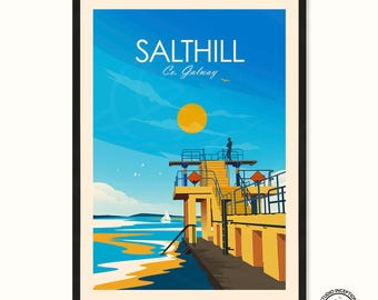 Galway Travel Poster Ireland Print, Salthill Promenade, Travel Gift, City Landmarks, Travel Gift, Wall Art Decor