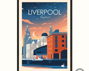 May include: A vintage travel poster featuring a colorful illustration of the Liverpool skyline at sunset. The poster has the text "LIVERPOOL England" at the top.