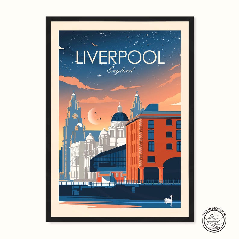 May include: A vintage travel poster featuring a colorful illustration of the Liverpool skyline at sunset. The poster has the text "LIVERPOOL England" at the top.
