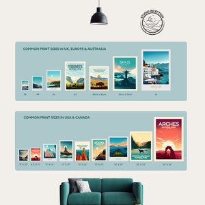May include: A chart showing common print sizes in the UK, Europe, Australia, and the USA and Canada. The chart includes the names of national parks and landmarks, such as Yosemite National Park, Yellowstone National Park, Brazil, Amalfi, Arches National Park, Glacier National Park, Acadia National Park, Bryce Canyon National Park, Rocky Mountain National Park, and Dinosaur National Monument. The chart also includes the dimensions of each print size in inches and centimetres.