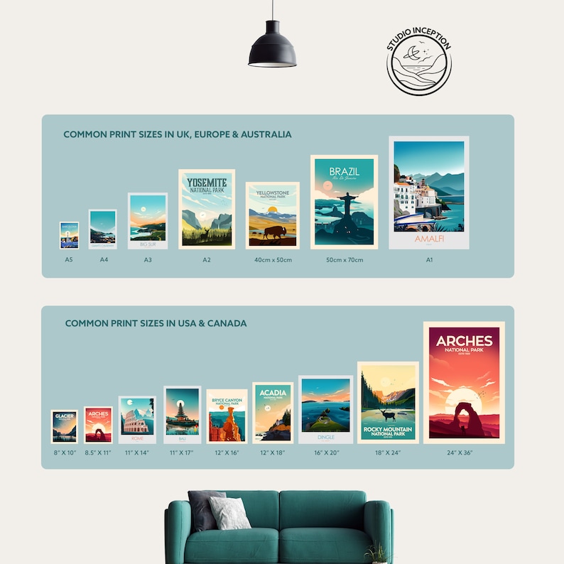 May include: A chart showing common print sizes in the UK, Europe, Australia, and the USA and Canada. The chart includes the names of national parks and landmarks, such as Yosemite National Park, Yellowstone National Park, Brazil, Amalfi, Arches National Park, Glacier National Park, Acadia National Park, Bryce Canyon National Park, Rocky Mountain National Park, and Dinosaur National Monument. The chart also includes the dimensions of each print size in inches and centimetres.