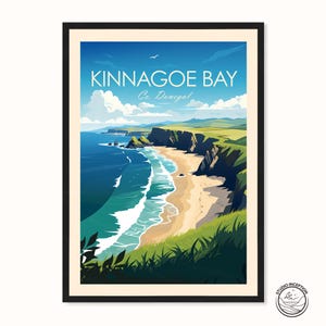 Impresión de viaje tradicional de la bahía de Kinnagoe, póster de Donegal, póster de viaje de Kinnagoe, arte mural, póster de Irlanda, impresiones enmarcadas de arte de viaje de Inishowen