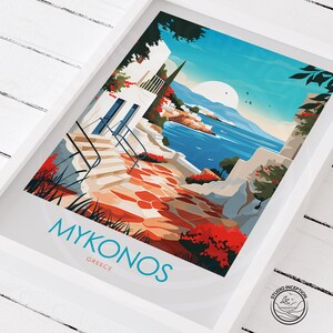 May include: A colorful illustration of a white building with a red tiled pathway leading to a blue ocean. The text "Mykonos Greece" is at the bottom of the image.