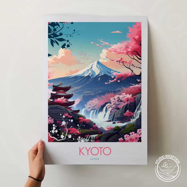 May include: A colorful illustration of a Japanese landscape with Mount Fuji in the background, a red pagoda, a waterfall, and cherry blossoms. The text "KYOTO JAPAN" is at the bottom of the image.