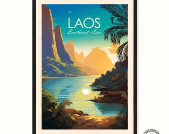 May include: Framed art print featuring a scenic view of Laos, Southeast Asia. The artwork depicts a serene lake scene with mountains, palm trees, and a small structure on the water. The color palette includes blues, greens, and warm sunset hues.