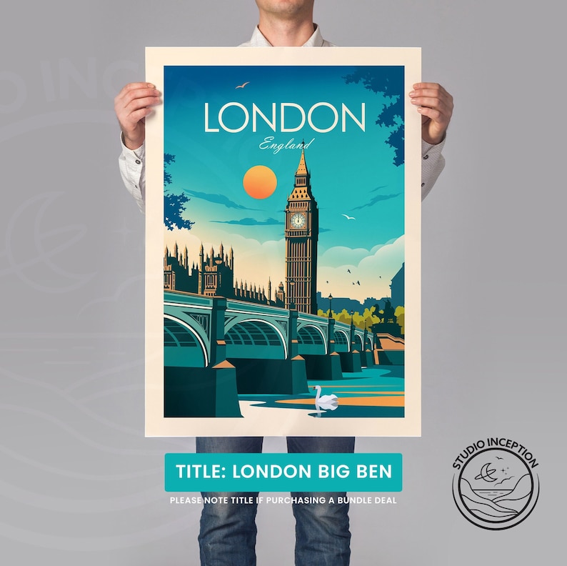 Pode incluir: Um cartaz de viagem de estilo vintage com uma ilustra&ccedil;&atilde;o colorida do Big Ben e das Casas do Parlamento em Londres, Inglaterra. O cartaz tem um esquema de cores azul, verde e laranja e o texto "LONDON England" no topo.