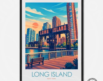 Impressão de viagem de Long Island, Nova Iorque, com opções de moldura e sem moldura, e possibilidade de personalização.