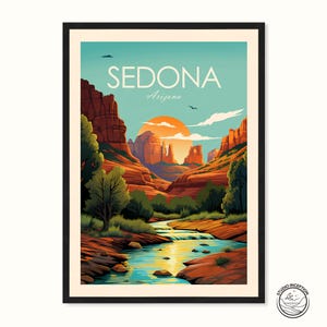 May include: A framed art print showcasing a stylized landscape of Sedona, Arizona. The image features red rock formations, a river, and a setting sun. The word "SEDONA" is displayed at the top, with "Arizona" below. The colour scheme includes red, orange, and blue hues.