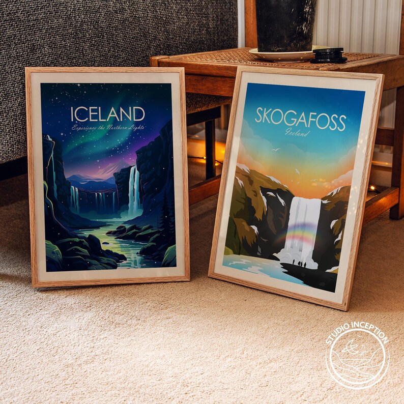 Island Traditioneller Druck mit der Nordlichter - Aurora Borealis Wandkunst, personalisiertes Reisegeschenk für Kunstliebhaber, Wohndekorgeschenk Bild 6