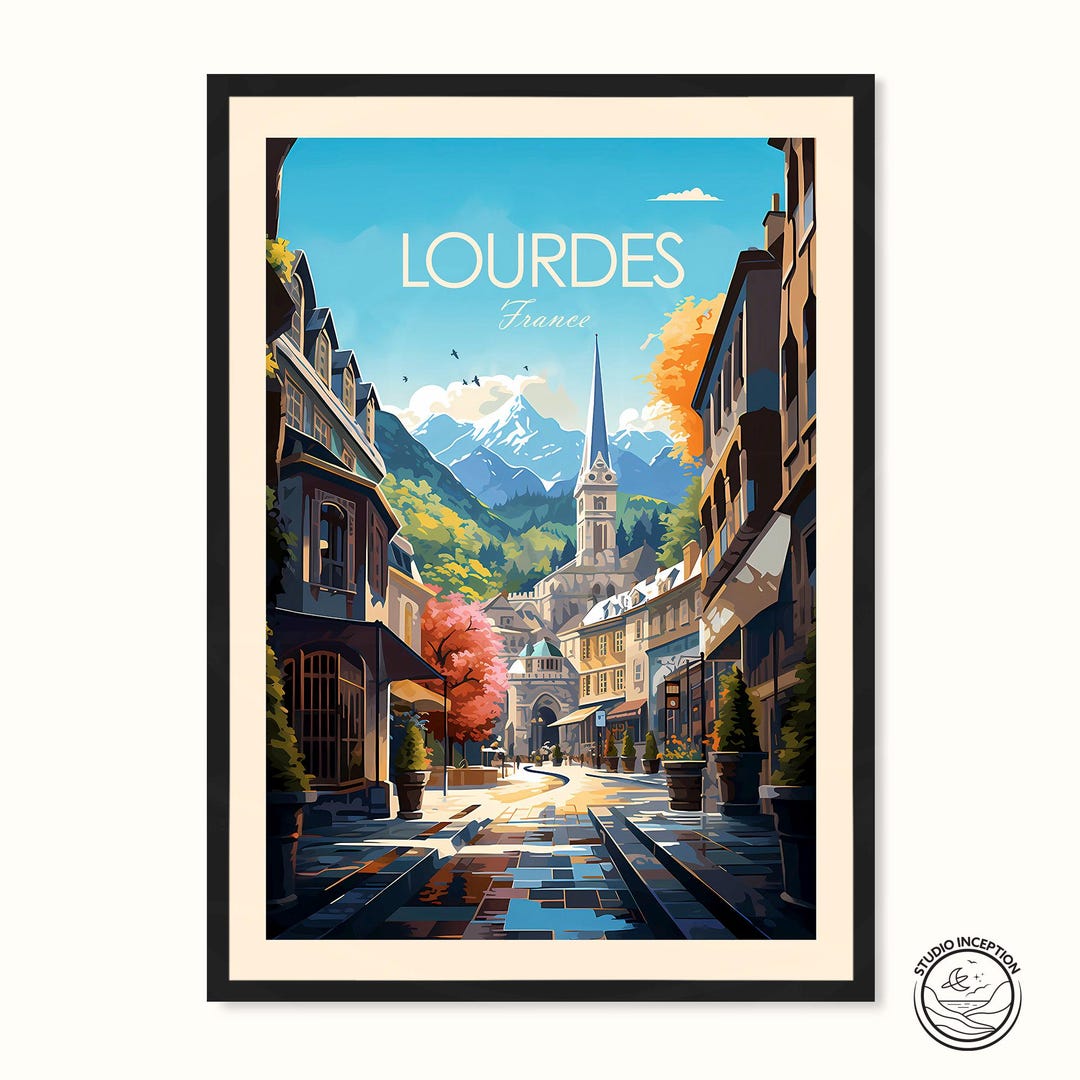 Lourdes Print France Travel Poster Pyrenees Mountains Illustration Our ...