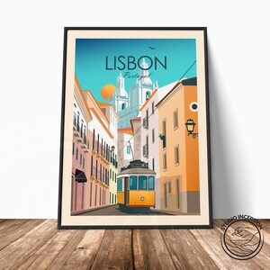 May include: A vintage travel poster featuring a yellow tram traveling up a narrow street in Lisbon, Portugal. The poster has a retro design with a blue sky and a church in the background. The text "LISBON Portugal" is at the top of the poster.