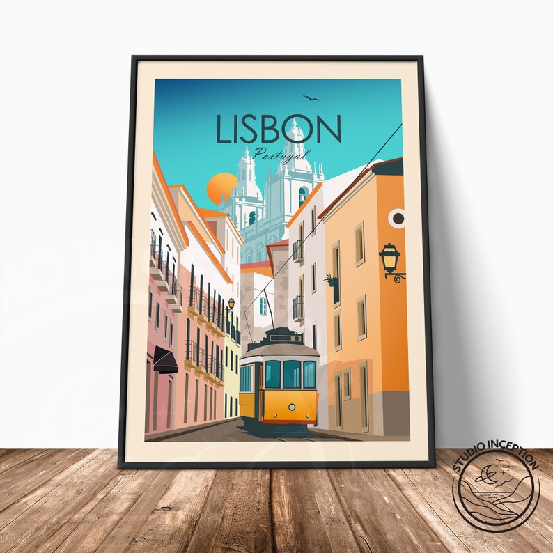 May include: A vintage travel poster featuring a yellow tram traveling up a narrow street in Lisbon, Portugal. The poster has a retro design with a blue sky and a church in the background. The text "LISBON Portugal" is at the top of the poster.