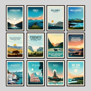 Peut inclure: Un ensemble de 12 affiches de voyage vintage repr&eacute;sentant des destinations embl&eacute;matiques du monde entier. Les affiches sont dans un style r&eacute;tro avec des couleurs vives et des illustrations simples. Les destinations comprennent le parc national de Yellowstone, le parc national de Yosemite, le parc national des Rocheuses, le parc national des Great Smoky Mountains, Amalfi, Rome, Bali, Big Sur, Glendalough, Dingle, Killarney et Mullaghmore.